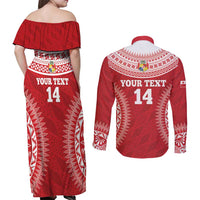 Custom Tonga Mate Maa Couples Matching Off Shoulder Maxi Dress and Long Sleeve Button Shirt Go Champions Tongan Ngatu - Red LT14 - Polynesian Pride