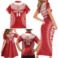 Custom Tonga Mate Maa Family Matching Short Sleeve Bodycon Dress and Hawaiian Shirt Go Champions Tongan Ngatu - Red LT14 - Polynesian Pride