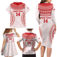 Custom Tonga Mate Maa Family Matching Long Sleeve Bodycon Dress and Hawaiian Shirt Go Champions Tongan Ngatu - White LT14 - Polynesian Pride