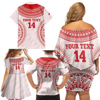 Custom Tonga Mate Maa Family Matching Off Shoulder Short Dress and Hawaiian Shirt Go Champions Tongan Ngatu - White