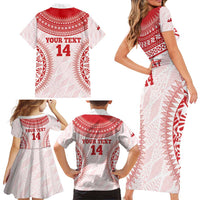 Custom Tonga Mate Maa Family Matching Short Sleeve Bodycon Dress and Hawaiian Shirt Go Champions Tongan Ngatu - White LT14 - Polynesian Pride