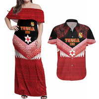 Custom Mate Maa Tonga XIII Couples Matching Off Shoulder Maxi Dress and Hawaiian Shirt Tongan Kupesi Ngatu - Rugby Style LT14 Red - Polynesian Pride