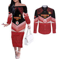 Custom Mate Maa Tonga XIII Couples Matching Off The Shoulder Long Sleeve Dress and Long Sleeve Button Shirt Tongan Kupesi Ngatu - Rugby Style