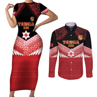 Custom Mate Maa Tonga XIII Couples Matching Short Sleeve Bodycon Dress and Long Sleeve Button Shirt Tongan Kupesi Ngatu - Rugby Style