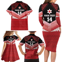 Custom Mate Maa Tonga XIII Family Matching Long Sleeve Bodycon Dress and Hawaiian Shirt Tongan Kupesi Ngatu - Rugby Style LT14 - Polynesian Pride
