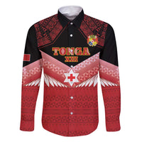Custom Mate Maa Tonga XIII Family Matching Long Sleeve Bodycon Dress and Hawaiian Shirt Tongan Kupesi Ngatu - Rugby Style LT14 Dad's Shirt - Long Sleeve Red - Polynesian Pride