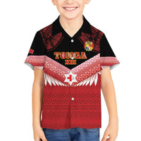 Custom Mate Maa Tonga XIII Family Matching Short Sleeve Bodycon Dress and Hawaiian Shirt Tongan Kupesi Ngatu - Rugby Style LT14 Son's Shirt Red - Polynesian Pride