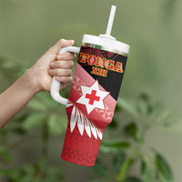 Personalised Mate Maa Tonga XIII Tumbler With Handle Tongan Kupesi Ngatu - Rugby Style