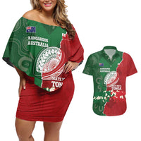 Custom Tonga And Australia Rugby Couples Matching Off Shoulder Short Dress and Hawaiian Shirt Mate Maa Tongan Ngatu Mix Kangaroos Aboriginal LT14 Green - Polynesian Pride