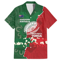 Custom Tonga And Australia Rugby Family Matching Short Sleeve Bodycon Dress and Hawaiian Shirt Mate Maa Tongan Ngatu Mix Kangaroos Aboriginal LT14 Dad's Shirt - Short Sleeve Green - Polynesian Pride