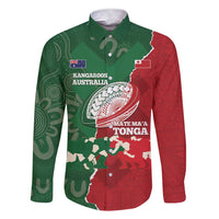 Custom Tonga And Australia Rugby Family Matching Short Sleeve Bodycon Dress and Hawaiian Shirt Mate Maa Tongan Ngatu Mix Kangaroos Aboriginal LT14 Dad's Shirt - Long Sleeve Green - Polynesian Pride