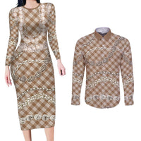 Brown Aloha Hawaii Shell Lei Couples Matching Long Sleeve Bodycon Dress and Long Sleeve Button Shirt Palaka Hebrew Cone Honey Cowrie Elegant Curves - Polynesian Pride