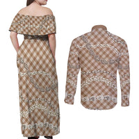 Brown Aloha Hawaii Shell Lei Couples Matching Off Shoulder Maxi Dress and Long Sleeve Button Shirt Palaka Hebrew Cone Honey Cowrie Elegant Curves - Polynesian Pride