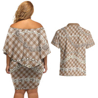 Brown Aloha Hawaii Shell Lei Couples Matching Off Shoulder Short Dress and Hawaiian Shirt Palaka Hebrew Cone Honey Cowrie Elegant Curves - Polynesian Pride