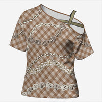 Brown Aloha Hawaii Shell Lei Cross Shoulder Shirt Palaka Hebrew Cone Honey Cowrie Elegant Curves - Polynesian Pride