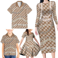 Brown Aloha Hawaii Shell Lei Family Matching Long Sleeve Bodycon Dress and Hawaiian Shirt Palaka Hebrew Cone Honey Cowrie Elegant Curves LT14 - Polynesian Pride