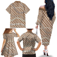 Brown Aloha Hawaii Shell Lei Family Matching Off The Shoulder Long Sleeve Dress and Hawaiian Shirt Palaka Hebrew Cone Honey Cowrie Elegant Curves LT14 - Polynesian Pride