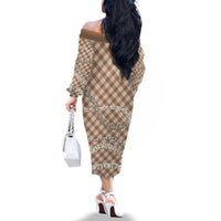 Brown Aloha Hawaii Shell Lei Family Matching Off The Shoulder Long Sleeve Dress and Hawaiian Shirt Palaka Hebrew Cone Honey Cowrie Elegant Curves - Polynesian Pride