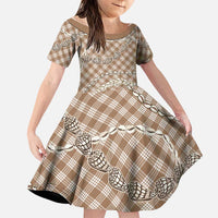 Brown Aloha Hawaii Shell Lei Family Matching Off Shoulder Short Dress and Hawaiian Shirt Palaka Hebrew Cone Honey Cowrie Elegant Curves LT14 Daughter's Dress Brown - Polynesian Pride