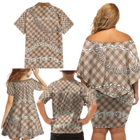 Brown Aloha Hawaii Shell Lei Family Matching Off Shoulder Short Dress and Hawaiian Shirt Palaka Hebrew Cone Honey Cowrie Elegant Curves - Polynesian Pride