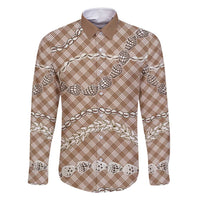 Brown Aloha Hawaii Shell Lei Family Matching Off Shoulder Short Dress and Hawaiian Shirt Palaka Hebrew Cone Honey Cowrie Elegant Curves LT14 Dad's Shirt - Long Sleeve Brown - Polynesian Pride
