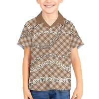Brown Aloha Hawaii Shell Lei Family Matching Off Shoulder Short Dress and Hawaiian Shirt Palaka Hebrew Cone Honey Cowrie Elegant Curves LT14 Son's Shirt Brown - Polynesian Pride