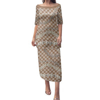 Brown Aloha Hawaii Shell Lei Family Matching Puletasi and Hawaiian Shirt Palaka Hebrew Cone Honey Cowrie Elegant Curves LT14 Mom's Dress Brown - Polynesian Pride