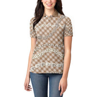 Brown Aloha Hawaii Shell Lei Women Polo Shirt Palaka Hebrew Cone Honey Cowrie Elegant Curves - Polynesian Pride