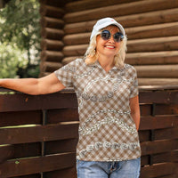 Brown Aloha Hawaii Shell Lei Women Polo Shirt Palaka Hebrew Cone Honey Cowrie Elegant Curves - Polynesian Pride