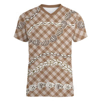 Brown Aloha Hawaii Shell Lei Women V-Neck T-Shirt Palaka Hebrew Cone Honey Cowrie Elegant Curves - Polynesian Pride