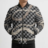 Black Aloha Hawaii Shell Lei Bomber Puffer Jacket Palaka Hebrew Cone Honey Cowrie Elegant Curves - Polynesian Pride