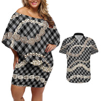 Black Aloha Hawaii Shell Lei Couples Matching Off Shoulder Short Dress and Hawaiian Shirt Palaka Hebrew Cone Honey Cowrie Elegant Curves - Polynesian Pride