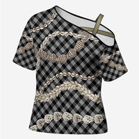 Black Aloha Hawaii Shell Lei Cross Shoulder Shirt Palaka Hebrew Cone Honey Cowrie Elegant Curves - Polynesian Pride