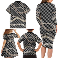 Black Aloha Hawaii Shell Lei Family Matching Long Sleeve Bodycon Dress and Hawaiian Shirt Palaka Hebrew Cone Honey Cowrie Elegant Curves LT14 - Polynesian Pride
