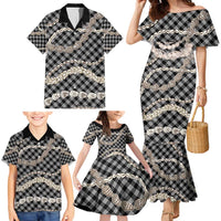 Black Aloha Hawaii Shell Lei Family Matching Mermaid Dress and Hawaiian Shirt Palaka Hebrew Cone Honey Cowrie Elegant Curves LT14 - Polynesian Pride