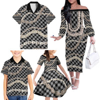 Black Aloha Hawaii Shell Lei Family Matching Off The Shoulder Long Sleeve Dress and Hawaiian Shirt Palaka Hebrew Cone Honey Cowrie Elegant Curves - Polynesian Pride