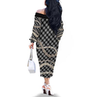 Black Aloha Hawaii Shell Lei Family Matching Off The Shoulder Long Sleeve Dress and Hawaiian Shirt Palaka Hebrew Cone Honey Cowrie Elegant Curves LT14 - Polynesian Pride