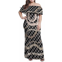Black Aloha Hawaii Shell Lei Family Matching Off Shoulder Maxi Dress and Hawaiian Shirt Palaka Hebrew Cone Honey Cowrie Elegant Curves - Polynesian Pride