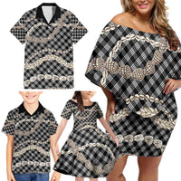 Black Aloha Hawaii Shell Lei Family Matching Off Shoulder Short Dress and Hawaiian Shirt Palaka Hebrew Cone Honey Cowrie Elegant Curves LT14 - Polynesian Pride
