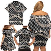 Black Aloha Hawaii Shell Lei Family Matching Off Shoulder Short Dress and Hawaiian Shirt Palaka Hebrew Cone Honey Cowrie Elegant Curves LT14 - Polynesian Pride