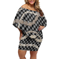 Black Aloha Hawaii Shell Lei Family Matching Off Shoulder Short Dress and Hawaiian Shirt Palaka Hebrew Cone Honey Cowrie Elegant Curves - Polynesian Pride