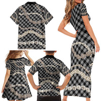 Black Aloha Hawaii Shell Lei Family Matching Short Sleeve Bodycon Dress and Hawaiian Shirt Palaka Hebrew Cone Honey Cowrie Elegant Curves - Polynesian Pride