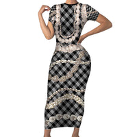 Black Aloha Hawaii Shell Lei Family Matching Short Sleeve Bodycon Dress and Hawaiian Shirt Palaka Hebrew Cone Honey Cowrie Elegant Curves LT14 Mom's Dress Black - Polynesian Pride
