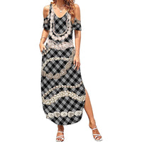 Black Aloha Hawaii Shell Lei Family Matching Summer Maxi Dress and Hawaiian Shirt Palaka Hebrew Cone Honey Cowrie Elegant Curves LT14 Mom's Dress Black - Polynesian Pride