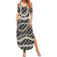 Black Aloha Hawaii Shell Lei Summer Maxi Dress Palaka Hebrew Cone Honey Cowrie Elegant Curves - Polynesian Pride