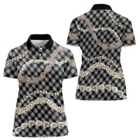Black Aloha Hawaii Shell Lei Women Polo Shirt Palaka Hebrew Cone Honey Cowrie Elegant Curves - Polynesian Pride