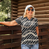 Black Aloha Hawaii Shell Lei Women Polo Shirt Palaka Hebrew Cone Honey Cowrie Elegant Curves - Polynesian Pride