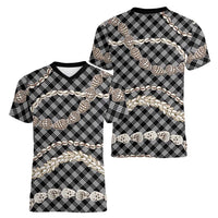 Black Aloha Hawaii Shell Lei Women V-Neck T-Shirt Palaka Hebrew Cone Honey Cowrie Elegant Curves - Polynesian Pride