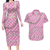 Pink Aloha Hawaii Shell Lei Couples Matching Long Sleeve Bodycon Dress and Hawaiian Shirt Palaka Hebrew Cone Honey Cowrie Elegant Curves - Polynesian Pride