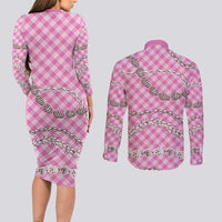 Pink Aloha Hawaii Shell Lei Couples Matching Long Sleeve Bodycon Dress and Long Sleeve Button Shirt Palaka Hebrew Cone Honey Cowrie Elegant Curves - Polynesian Pride